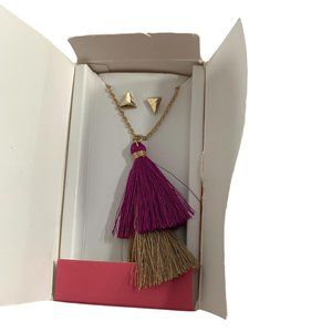Lily Sky Tassel Necklace Triangle Earring Stud Set Gold Tone 22" Adjustable Boho